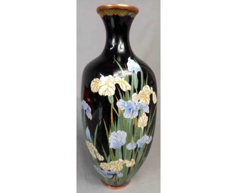 Cloisonné Vase Japan. Alt.24 cm hoch. Handarbeit. Zellenschmelz oder Zellenemail. Blumendekor. Schwertlilien / Iris. Versand 