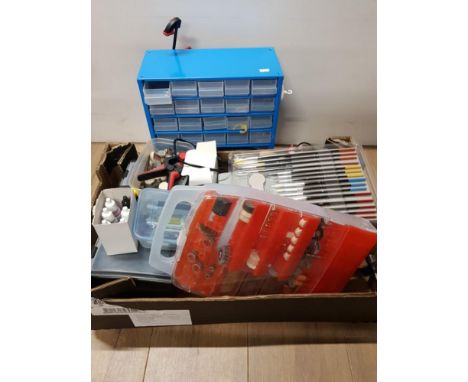BOX OF PRECISION TOOLS AND ARTISTS EQUIPMENT ETC