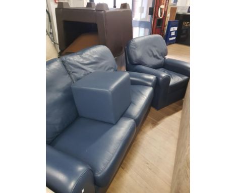 MODERN BLUE 2 SEATER SOFA AND CHAIR WITH POUFFE