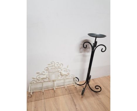 WROUGHT IRON CANDLE STICK TOGETHER WITH A WIREWORK WALL HANGING COAT HANGER