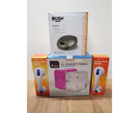 COMPACT FRIDGE AND BUSH BOOMBOX PLUS 2 SUCTION GRAB HANDLES