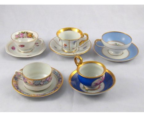 Five pairs of cups and saucers, three being Rosenthal, one K.P.M. and one Thomas, Bavaria . 