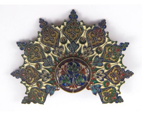 A Russian silver plique a jour enamel sunburst fitting for a tiara, spurious marks . 12x9cm. wt.40gm.