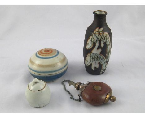 Three small art pottery pieces, one impressed BRIGLIN, the other two B L. , together with a white metal mounted ceramic perfu