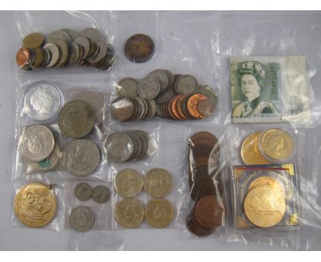 A quantity of coins including two and five pound coins, commemorative, gilt and enamel, pre decimal, world coins, two one pou