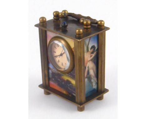 A miniature carriage clock, the sides and back with panels of amorous scenes, a blue  cabochon mounted winding button on the 