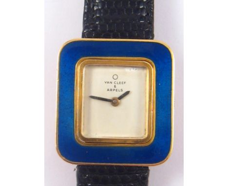 Van Cleef & Arpels. A French hallmarked 18 carat gold and blue enamel wrist watch, the dial signed Van Cleef & Arpels, the mo
