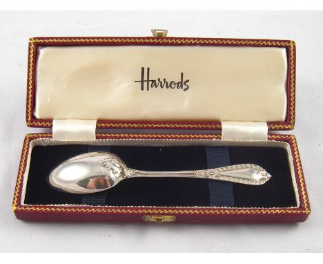 A Grecian pattern Victorian silver christening spoon, Henry Wilkinson & Co. Sheffield, 1861, in Harrods presentation box. L. 