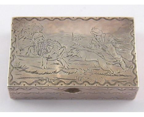  A silver snuff box with engraved hunting scene, Dutch marks and London import mark for 1912, maker B.H.M., approx 8 x 5 x 2c