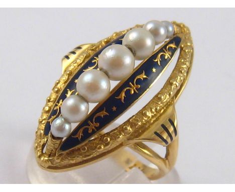 A yellow metal (tests 18 carat gold) cultured pearl and enamel marquise shape ring, size M, 7.6 gms.