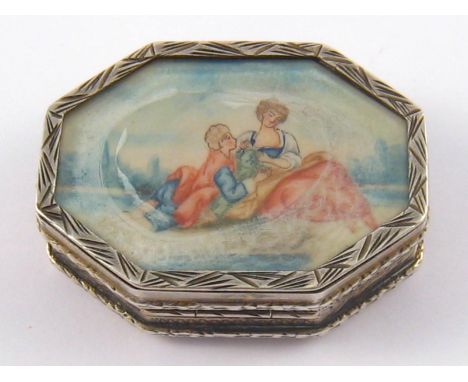 An Italian silver, 800 standard, elongated octagonal patch box, the lid with hand painted scene under glass. 4x3cm. wt.18gm. 