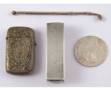 A silver golf club swizzle stick, marked 925, a button release white metal lipstick case with spring out mirror, a white meta