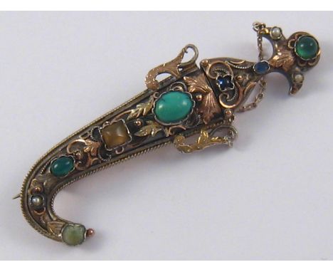 An antique / vintage silver gem set brooch designed as a dagger and scabbard. Approx. 8cm long, 14.2gms.