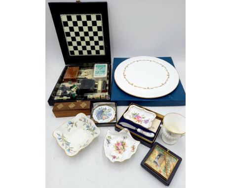 A collection of miscellaneous items to include games compendium, Crown Derby butter dish and knife etc.