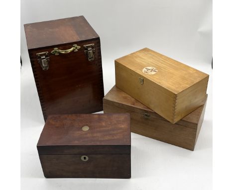 A collection of vintage wooden boxes including larger mahogany example, likely for a microscope or similar
