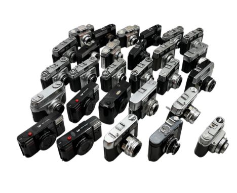 A large collection of vintage cameras including Olympus, Ilford, Kodak, Cosmic etc.