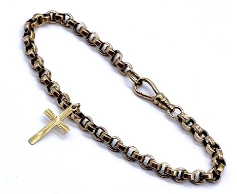A 9ct gold link bracelet with a crucifix charm. 22cm length, weight 10.8g