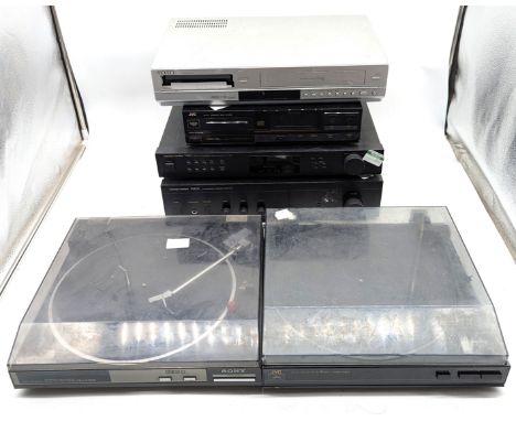 A set of hifi separates Harman/Kardon TU911 tuner and Harman/Kardon PM635 amplifier, Sony turntable, JVC cd player and turnta