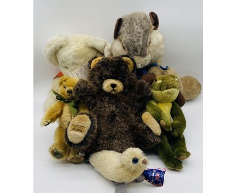 A collection of six vintage Merrythought teddy bears and animals (1970 - 1980's) including a jointed cream plush night case t