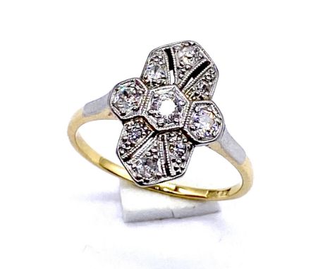 An 18ct gold and platinum Art Deco style diamond cluster ring, size N 1/2, 3.6g total weight