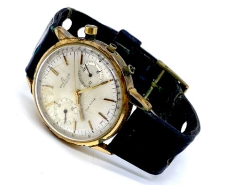 A Breitling Top Time 2000 chronograph on leather strap with silver dial, gold baton markers, subsidiary second and minute dia
