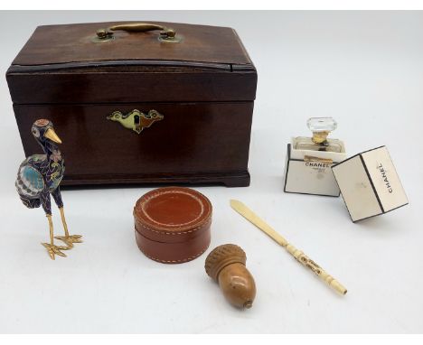 A Georgian mahogany tea caddy A/F, a vintage Chanel No 5 perfume, vegetable ivory acorn a bone stanhope paper knife etc.