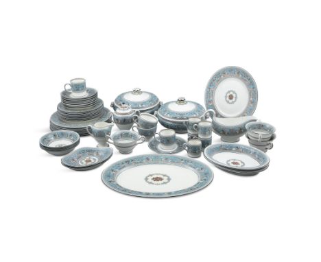 A WEDGWOOD FLORENTINE PATTERN 12 PLACE DINNER SERVICE, 20th century in a classical light blue comprising a pair of large ture