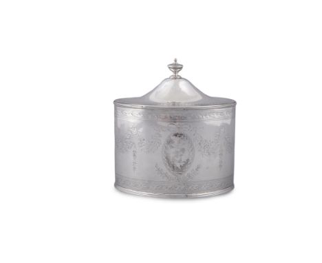 A GEORGE III BRIGHT-CUT SILVER TEA CADDY IN THE NEO-CLASSICAL TASTE, London c.1788, maker's mark of Hester Bateman, of oval f