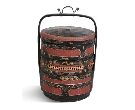 A CHINESE LACQUER AND GILT DECORATED STORAGE BOX, 19th century, of circular form with three tiered compartments, the top deco