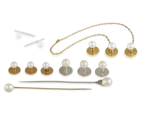 A GROUP OF PEARL JEWELLERY, including six shirt buttons with cultured pearls mounted in 18K gold, French assay marks, maker's