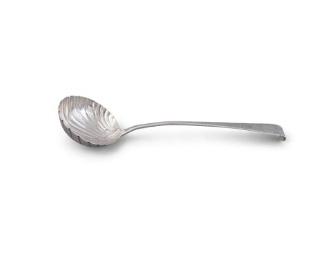 A GEORGE III IRISH SILVER HOOK HANDLED SOUP LADLE, Dublin c.1775, maker's mark of Michael Keating, with scallop bowl and late