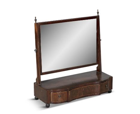 A 19TH CENTURY MAHOGANY FRAMED DRESSING TABLE MIRROR, fitted with adjustable rectangular glass plate on squared upright suppo