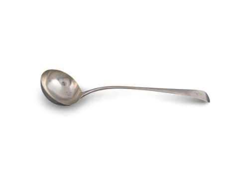 A GEORGE III SILVER PLAIN TAPER HANDLE SOUP LADLE, London c.1790, marks rubbed, (6.13 troy ozs). 35.5cm long
