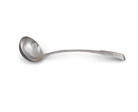 A GEORGE III SCOTTISH SILVER PLAIN FIDDLE PATTERN SOUP LADLE, Edinburgh c.1808, mark of Alexander Henderson, the handle engra