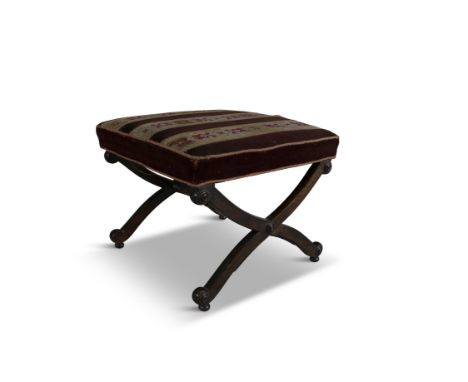 A VICTORIAN MAHOGANY FRAMED SQUARE 'X' FRAME DRESSING STOOL, with padded seat covered in plush and tapestry cloth, above a cr
