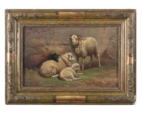 BELGIAN SCHOOL, 19th centuryRam with sheep in a barnOil on panel, 44cm x 59.5cmSigned with initials