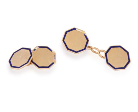A PAIR OF GOLD AND ENAMEL CUFFLINKS, each octagonal plaque with blue enamel frames, with cable-link connectors, in 9K gold, t