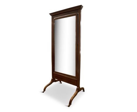 AN EDWARDIAN INLAID MAHOGANY CHEVAL MIRROR, fitted with rectangular bevelled glass panel with adjustable angle on crutch fram