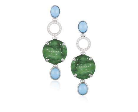 A PAIR OF PENDENT EARCLIPS, each composed of a circular green carved plaque, suspending an oval-shaped turquoise colour caboc