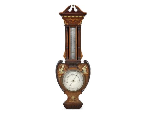 AN EDWARDIAN INLAID MAHOGANY BAROMETER, the lyre shaped case decorated with symbolic figural motifs in boxwood and engraved i