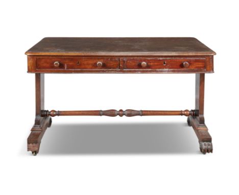 A VICTORIAN MAHOGANY RECTANGULAR SOFA TABLE, with thumb moulded rim, fitted two frieze drawers and two dummy drawers raised o