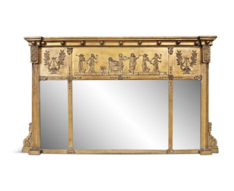 A GILTWOOD COMPARTMENTED OVER MANTLE MIRROR, c.1880, of rectangular form, with three glass plates beneath a classical frieze 
