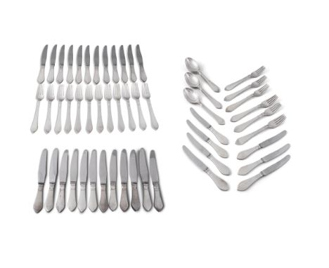 A SUITE OF DANISH SILVER FLATWARE, by Georg Jensen comprising:12&nbsp;dinner knives12&nbsp;dinner forks12 bread knives12 dess