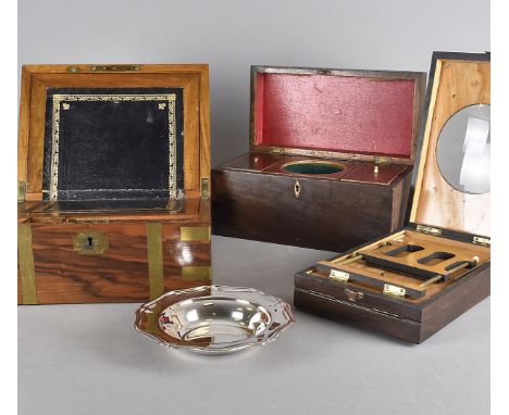 A brass bound walnut writing slope, together with a George III rectangular tea caddy and a 19th Century rosewood stereograph 