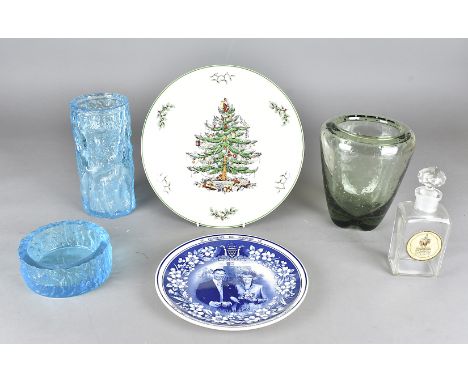 A Whitefriars optic moulded and bubble inclusion glass vase, in sea green, 18 cm high together with a Spode Christmas pattern