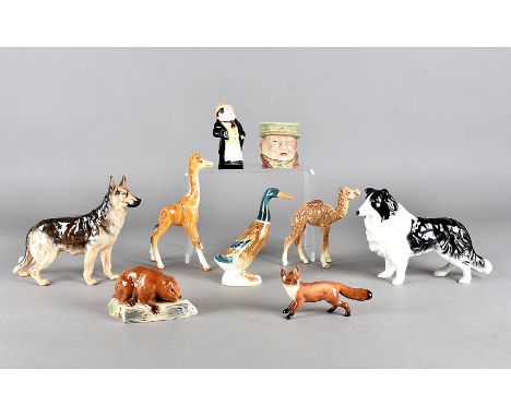 A collection of Beswick, Goss and other china items, including a German shepherd, a camel, Goss beaker dated 1922 and other i