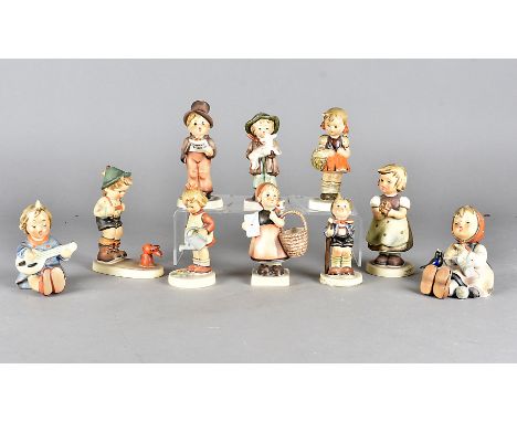Ten Hummel figures, some af, including little gardener, the lost sheep, street singer, joyful and others 