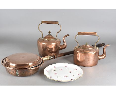 Two 19th Century copper kettles, a copper bed warming pan with turned handle, an oak cased aneroid barometer and a floral pla
