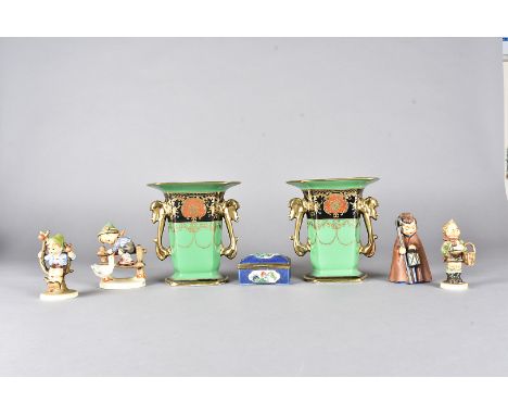 A pair of Noritake art deco porcelain vases, heightened in gilt together with a continental porcelain pill box and cover and 