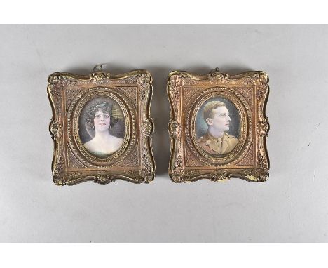 John Morley, miniature on ivory, circa 1916, a pair of portrait studies, Captain Vesley Odavoren and his wife Ivy, presented 